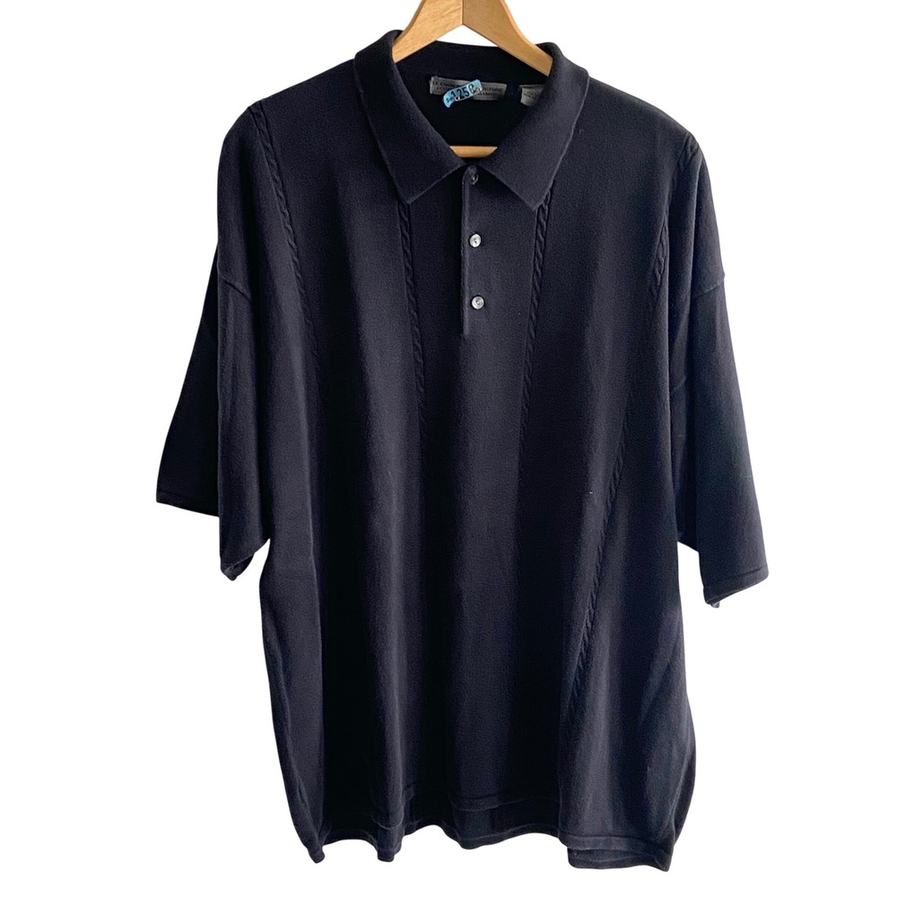 Le Collezioni Structure Mens XL Black Cotton Knit Polo Shirt Short Sleeve Cable